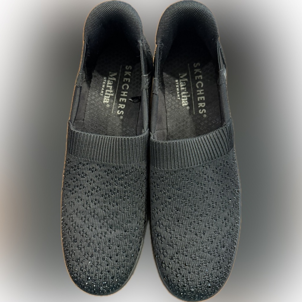 SKECHERS MARTHA STEWART Slip-On Black Sparkle Knit Comfort Walking Shoes 8.5 EUC